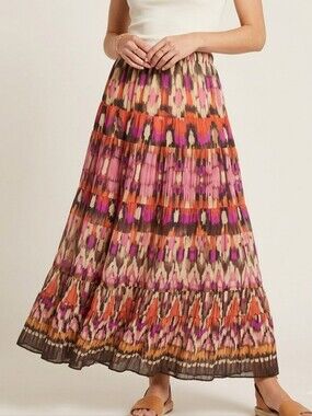 Boho Ikat Print Tiered Maxi Skirt Crinkle Pleated Vintage Elastic Waistband 1X